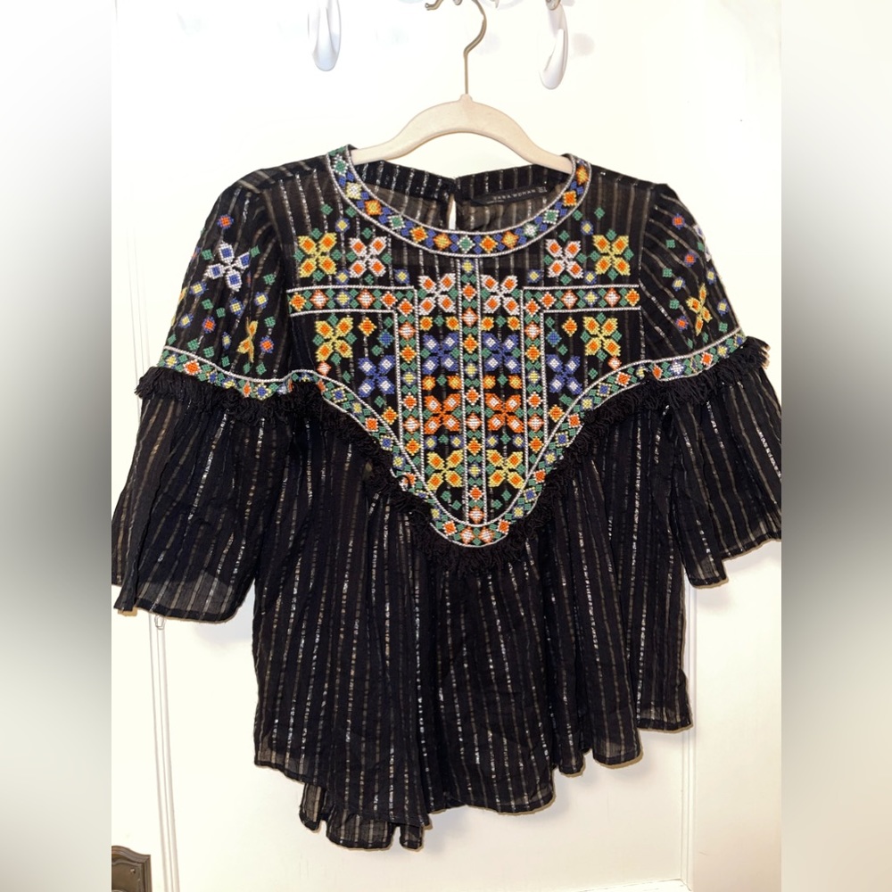 Zara Black Top with Multicolor Embroidery